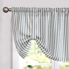 jinchan Tie Up Linen Textured Striped Bow Tie Curtain for Kitchen Bathroom Rod Pocket Pinstripe Valance Window Treatments Ticking Stripe Pull Cord Valance 1 Panel 18 Inch Teal Blue on Beige