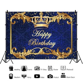 Happy Birthday Backdrop Royal Blue Gold Little Prince King Crown Decorations for 1st First Boy's Birthday Celebration Party Photography Backgrounds Photo Booth Props Vinyl 7x5ft
