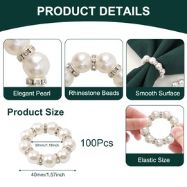 Spalivivre 100Pcs Pearl Napkin Rings, Silver Delicate Pearl Napkin Ring Holder, Elegant Imitation Beaded Serviette Rings Buckle for Wedding Reception Party Banquet Dinner Table Decor and Use