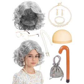 Orizizhic 9 Pcs Old Lady Costume for Kids and Girl, 100 Days of School Costume for Kids Girls Includes Old Lady Wigs Glasses Wig Cap Necklace Bracelet Earrings Bag Inflatable Walking Stick