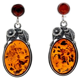 Genuine Cognac Natural Baltic Amber and 925 Sterling Silver Large Drop Studs Earrings 5405C