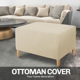 JIVINER Super Stretch Rectangle Ottoman Slipcover Oversized Soft Spandex Jacquard Small Ottoman Covers Square Footstool Slipcover Storage with Elastic Bottom for Living Room (Large, Light Beige)