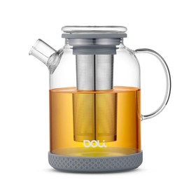 Doli 1.5 litre teapot with strainer insert, for 1-8 cups of tea, long stainless steel strainer for pure aroma, fireproof and dishwasher safe, grey