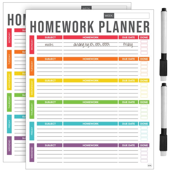 SOL 2pk A4 Homework Planner with 2pk Pens Magnetic Whiteboard
