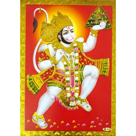 Crafts of India best of indian crafts store Lord hanuman carring Sanjivini Mountain Poster/Hindu God Picture with Golden Foil (Unframed : Size 5"X7" inches)