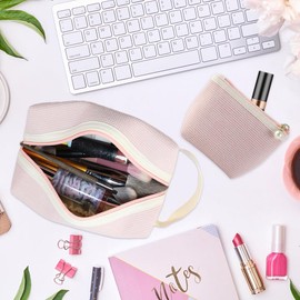 Kytpyi Kosmetiktasche Set, Kulturtasche Damen, 2 Stück Feine Minimalismus Kord Kulturtasche Damen mit Griff Fach, Tragbare Schminktasche Groß für Verabredung Party Reise (Rosa)