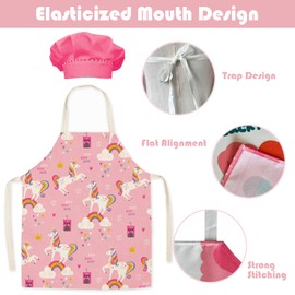 Kids Apron and Chef Hat Set Cute Pink Unicorn Canvas Apron for Girls Funny Cartoon Kitchen Bib for Painting Cooking Baking