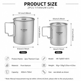 Ti artisan Titanium Pot Ultralight Titanium Cup Camping Cup Titanium Mug with Foldable Handles and Lid For Outdoor Camping Hiking Backpacking (450ml+750ml)
