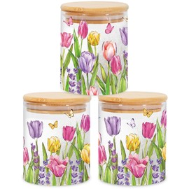 JarThenaAMCS 3Pcs Tulip Lavender Glass Storage Jars with Airtight Lid Wildflower Butterfly Decorative Canisters Sets for Cookie Spring Summer Farmhouse Home Kitchen Countertop