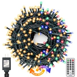 Decute Colors Changing Christmas Lights 4 Colors in 1 String Lights, 11 Modes 108FT 300LED Extendable Waterproof Indoor Outdoor Tree Fairy Lights Warm White & Multicolor with Timer Remote, Green Wire