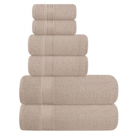 Elvana Home Ultra Soft 6 Pack Cotton Towel Set, Contains 2 Bath Towels 28x55 inch, 2 Hand Towels 16x24 inch & 2 Wash Coths 12x12 inch, Ideal Everyday use, Compact & Lightweight - Tan