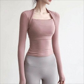 3-Color Yoga Style Top Bolero Pilates Long Sleeve Square Neck Pink/M