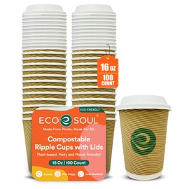 ECO SOUL 16oz Compostable Ripple Cups with Lids (100 Pack) – Biodegradable Paper Cups, Non-Toxic Disposable Cups for Hot Drinks, To-Go Coffee Cups with Lids, Eco-Friendly & Ripple Paper Cups