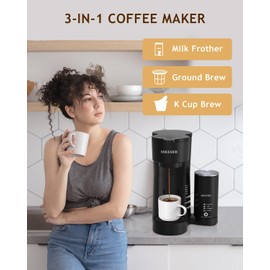 3IN1 Single Serve Coffee Maker for K Cup & Ground, Small Coffee Machine with Milk Frother, 6-14oz Brew Size, 28oz Water Tank, Adjustable Drip Tray