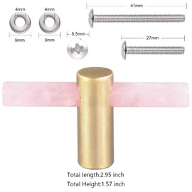 TUMBEELLUWA Pack of 2 Rose Quartz Crystal Stick Cabinet Knobs with Screws, Brushed Brass Hardware T Bar Furniture Pulls Handles for Dresser Drawer Cupboard Wardrobe
