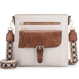Kasgo Shoulder Bag for Women Vintage PU Leather Handbag Medium Shoulder Bag Crossbody Bag with Adjustable Wide Shoulder Strap (White/Brown), white-brown