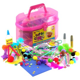 The Magic Toy Shop Kids Giant Mega Super Craft Art Carry Case with over 200 Pieces - Feathers, Pom Poms, Beads, Sticks, Neon Laces, Wool, Sequins, Gems, Googly Eyes, Glitter Glue (Pink)