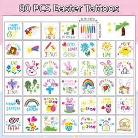 YVAINE 80pcs Christian Easter Temporary Tattoos, Religions Easter Bunny Doodles Temporary Tattoos,Easter Jesus Cross Waterproof Tattoos Stickers for Easter Spring Party Supplies