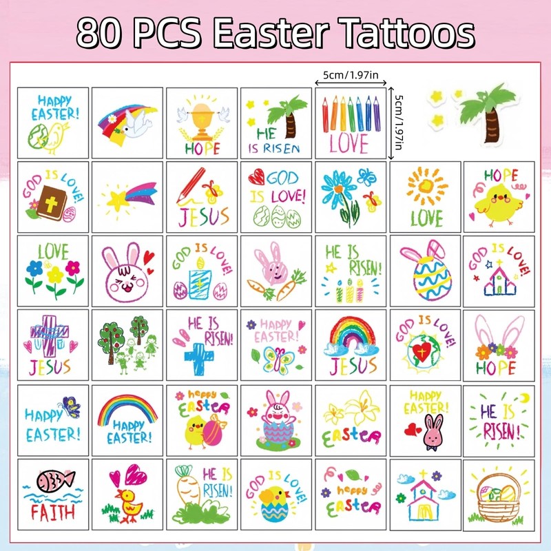 YVAINE 80pcs Christian Easter Temporary Tattoos, Religions Easter Bunny Doodles