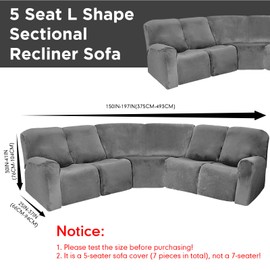 Peryiter 7 Pcs L Shape Sectional Recliner Sofa Covers 5 Seat Sectional Couch Covers Milk Silk Velvet Stretch Reclining Sofa Cover Sofa Slipcover Furniture Protector for Room (Dark Gray,Velvet)