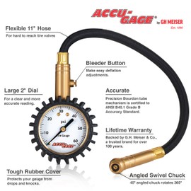 Accu-Gage RH60XA Professional Tire Pressure Gauge with Protective Rubber Guard, Angled Swivel Chuck, 60 PSI