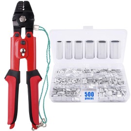 Fishing Crimping Tool Kit, Crimping Pliers with 500pcs Aluminum Crimp Sleeves Set Wire Rope Fishing Line Crimping Kit (Red Plier+500pcs Sleeves)