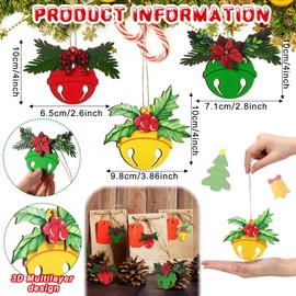 12 Pcs 3D Christmas Jingle Bell Ornament Wooden Christmas Tree Ornaments Mistletoe and Holly Bell Decoration Jingle Bell with Buffalo Plaid Bow for Xmas Tree Wreath Garland DIY Decorations