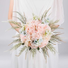 LESING 11.8" Bridal Wedding Bouquets Artificial Rose Flowers Bouquet Handmade Romantic Wedding Bouquets for Bride Bridesmaid Holding Flowers (Rose Bouquet-Pink)