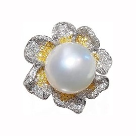 IMINI Elegant Pearl Flower Engagement Rings for Women Girls Crystal CZ Big Pearl Wrap Finger Band Open Statement Ring Anniversary Promise Wedding Ring Dainty Jewelry Gifts for Women Girls