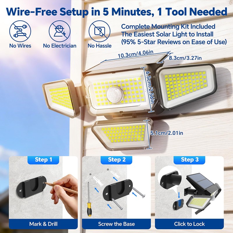 Etetale Solar Lights Outdoor, 3000LM Solar Powered Motion Sensor Light,