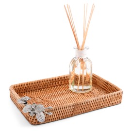 Vagabond House Handmade Wicker Tray, Small Rectangle Catchall Tray with Pewter Orchid Detail, Rattan Tray Woven Handmade Priemer Rattan Tray 12 X 9 Inches Small Designer Statement Tray