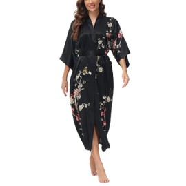 OSCAR ROSSA Women's Mulberry Silk Sleepwear 100% Silk Charmeuse Floral Printed Long Kimono Robe, Plum Blossom Black, M/L