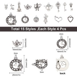 SUNNYCLUE 60 Pcs 15 Types Key Charm Rabbit Charm Watch Charm Teapot Parts Key Alloy Charm Grenade Heart Charm Rabbit Key Chain Necklace Key Metal Parts Tibetan Style Vintage Silver Color Antik Metal