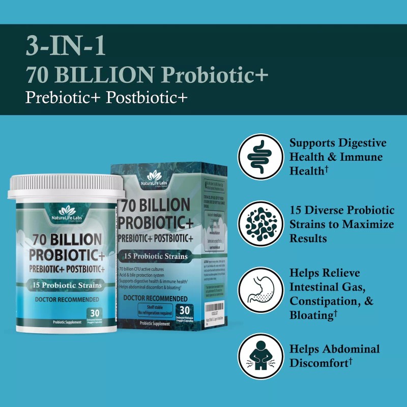 NaturaLife Labs Probiotics 70 Billion CFU – 15 Probiotic strains