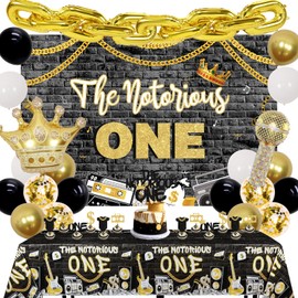 The Notorious One Birthday Decorations Boy, Gold Chain Balloons Garland with Backdrop, The Notorious One Tablecloth Glitter Cupcake Toppers Black Gold White Crown Microphone Balloons for Hip Hop Party