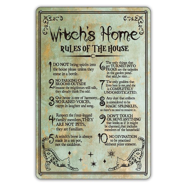 Funny Witch's Home Rules Quote Metal Tin Sign Wall Decor,