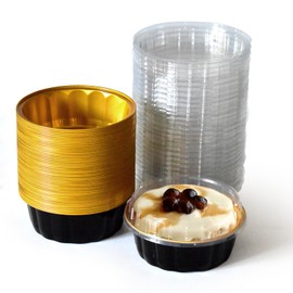 100 Pcs 8 oz Disposable Ramekins with Lids, Black and Gold Aluminum Foil Cupcake Liners, Dessert Cups with Lids for Birthday, Christmas, Kitchen, Party