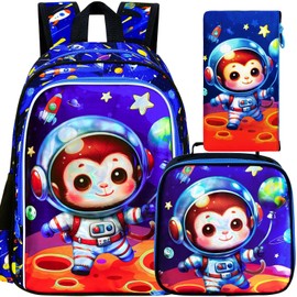 UFNDC 3PCS Monkey Bookbag for Boys, Kids Space Backpack with Lunch Box, Water Resistant Rocket School Bag for Elementary Preschool Toddler