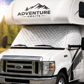 LATCH.IT RV Front Windshield Cover Class C | Front Motorhome, Trailer and Camper Windshield Cover w/Mirror Cutouts & Corner Bands | Compatible for Ford 1997‑2025 | RV Wind Shield Sunshade