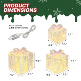 mollie Lighted Gift Boxes Set of 3, Christmas Iridescent Pre-lit White Lights Present Boxes with Bow for Home Balcony Porch, Xmas Tree Skirt Ornament