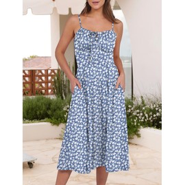 Caracilia Women Summer Floral Corset Midi Sundress Casual Spaghetti Strap Beach Vacation Wedding Guest Milkmaid Dress Pockets Blue White Floral Small