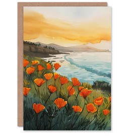 Artery8 Greeting Card Shoreline California Poppies Floral Watercolour For Her Woman Birthday Card