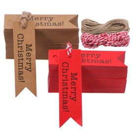 200 PCS Merry Christmas Gift Tags,Mini Kraft Paper Gift Tags,Craft Hanging Decoration Labels With 20M Feet Twines String for Christmas DIY Art And Home party(100 Red+100 Brown)