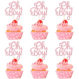 24 piezas de adornos para magdalenas de Oh Boy Glitter It's a Boy Baby Birthday cupcake Picks Baby Shower Decoración para tartas para revelar género, baby shower, niños, suministros para fiestas de cumpleaños, color rosa claro