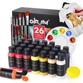 Colorful Fabric Paint Set with 6 Brushes, 1 Palette, 26 Colors Waterproof Permanent Textile Painting Kit for Adults to Arts on Clothes, Shoes, and Canvases
