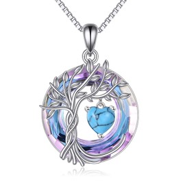 Tree of Life Birthstone Necklace for Women 925 Sterling Silver Tree of Life Jewelry Turquoise Pendant December Birthstone Gemstone with Crystal Anniversary Birthday Christmas Gifts for Mother