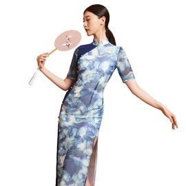 ROYAL SMEELA Blue Cheongsam Women's Print Cheongsam Qipao Chinese Dress For Women Short Sleeve Cheongsam Dress Stand-Up Collar Chinese Style Qipao Dresses Traditional Floral Print Party Dress Evening