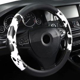 Cow Print Steering Wheel Cover, Universal 14.5-15 inch Breathable Microfiber Leather Anti-Slip Car Steering Wheel Protector for Women Men, Black&White