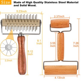 LOSYHU Dough Docker Roller Stainless Steel and Wooden Dough Roller, Set of 2 Pizza Pin Roller Dough Hole Maker Wood Pastry Pizza Roller for Pizza, Cookie, Pie, Pastry, Bread, Crust
