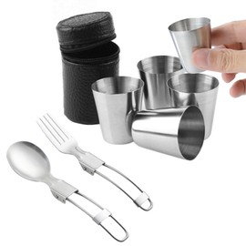 Pack of 4 30 ml Stainless Steel Flask Cups, Portable Metal Cups, Stackable Shot Cups, Small Stainless Steel Cup with 1 Leather Case and 2 Folding Cutlery (Fork and Spoon) for Camping, Picnic, Hiking